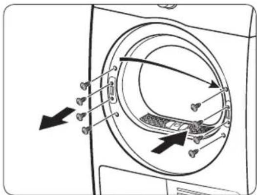 Diagram of a washing machine with labeled components and directional arrows indicating motion or flow