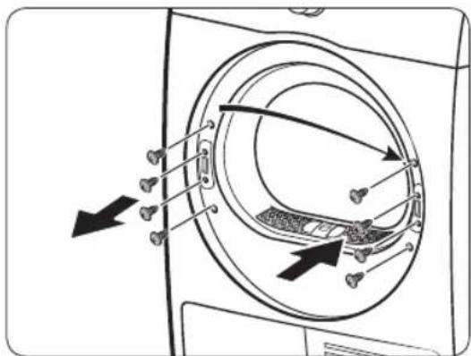 Diagram of a washing machine with labeled components and directional arrows indicating motion or flow.