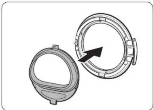 Two mechanical components with circular features, one open and one closed, showing a black arrow indicating direction (no text or symbols)