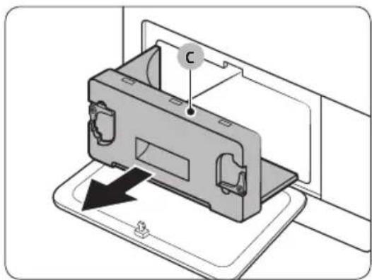 Diagram of a device being inserted into a tray, showing internal components and a labeled component (no text or symbols present)