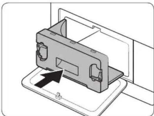 Diagram of a device being inserted into a housing, showing internal components and an arrow indicating insertion (no text or symbols present).