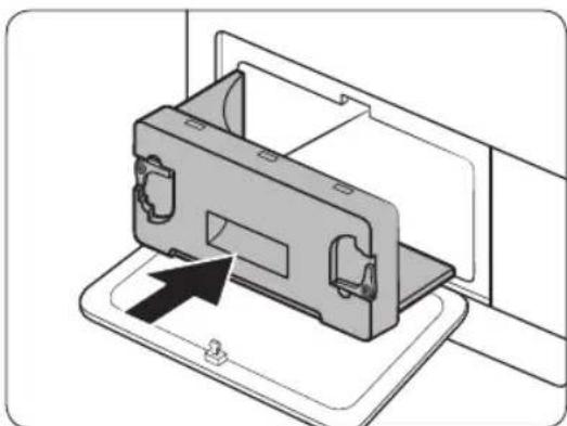 Diagram of a device being inserted into a housing, showing internal components and an arrow indicating insertion.