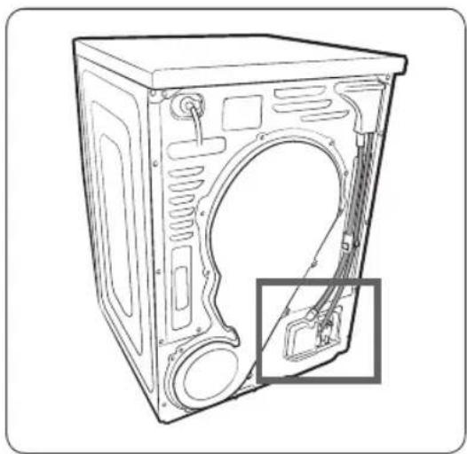 Line drawing of a front view of a washing machine casing with internal components and a highlighted inset showing a component (no text or symbols present)