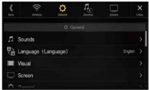 Back Wireless General Source System Close General Sounds Language (Language) English Visual Screen General