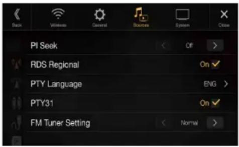 Back Wireless General Sources System Close PI Seek Off > RDS Regional On ✓ PTY Language ENG > PTY31 On ✓ FM Tuner Setting Normal >