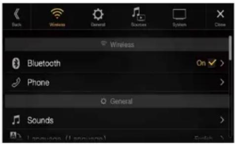 Back Wireless General Sources System Close Wireless Bluetooth On Phone General Sounds Language (Language) English