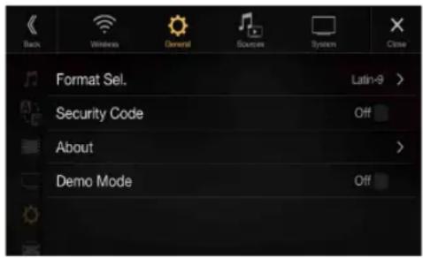 Format Sel. Security Code About Demo Mode Latin-9 > Off Off