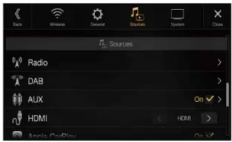 Back Wireless General Sources System Close Sources Radio DAB Aux HDMI On HDMI Apple Play
