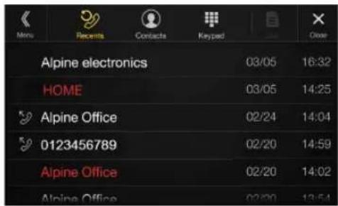 Mens Recents Contacts Keypad Close Alpine electronics 03/05 16:32 HOME 03/05 14:25 Alpine Office 02/24 14:04 0123456789 02/20 14:59 Alpine Office 02/20 14:02 Alpine Office 02/20 13:54