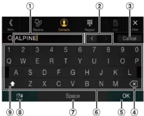 Menu Records Connects Keypad Edit Close Q ALPINE Cancel 1 2 3 4 5 6 7 8 9 0 Q W E R T Y U I O P A S D F G H J K L Z X C V B N M !?# Space OK ⑨ ⑧ ⑦ ⑥ ⑤ ④