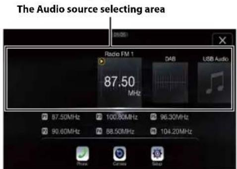 The Audio source selecting area Radio FM 1 87.50 MHz DAB USB Audio 87.50MHz 100.80MHz 96.30MHz 90.60MHz 88.50MHz 104.20MHz