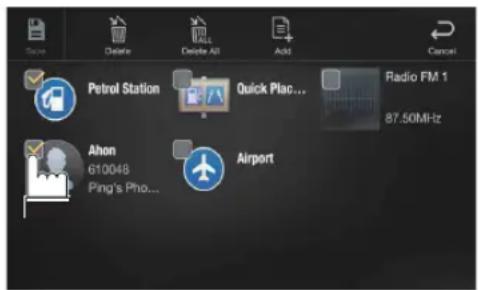 Save Delete Delete All Add Cancel Petrol Station Quick Place... Radio FM 1 87.50MHz Ahon 610048 Ping's Pho... Airport