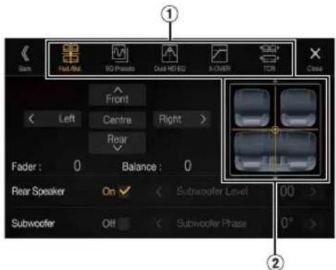 ① Back Flat/Flat EQ Press Dual HD EQ A ORDER TCR Close Front Left Centra Right > Rear Fader : 0 Balance : 0 Rear Speaker On ✓ Subwoofer Level 00 > Subwoofer Off Subwoofer Phase 0° >