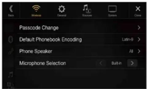 Passcode Change Default Phonebook Encoding Latin-9 Phone Speaker All Microphone Selection Built-in