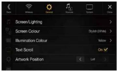 Back Wireless General Sources System Chrome Screen/Lighting Screen Colour Stylish (White) Illumination Colour Yellow Text Scroll On ✓ Artwork Position < Left >