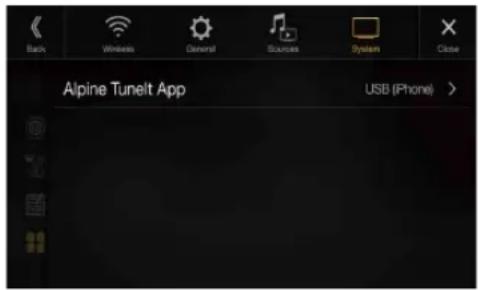 Back Wireless General Sources System Close Alpine Tunelt App USB (iPhone) >
