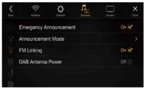 Back Wireless General Sources System Close Emergency Announcement Announcement Mode FM Linking DAB Antenna Power On ✓ On ✓ Off