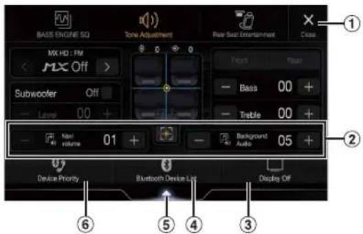 BASS ENGINE SQ Tone Adjustment Rear Seat Entertainment Close MX HD : FM NX Off > Subwoofer Off Level 00 + - New volume 01 + - Background Audio 05 + Device Priority Bluetooth Device Llc Display Off ① ② ③ ④ ⑤ ⑥
