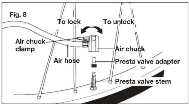 Fig. 8 To lock To unlock Air chuck clamp Air hose Air chuck Presta valve adapter Presta valve stem
