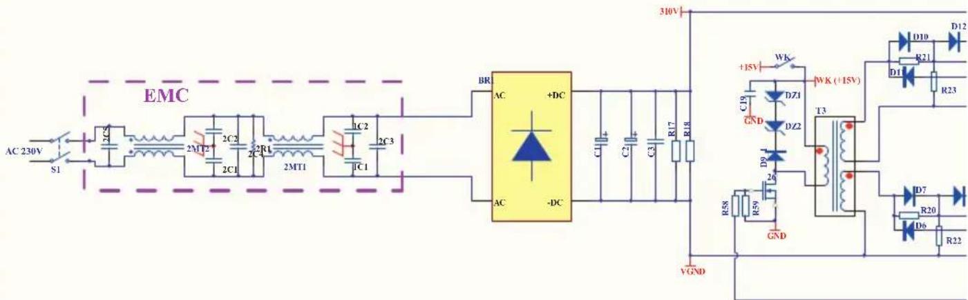 EMC AC 230V S1 2C5 2MT2 2C2 2C1 2C4 2MT1 2C3 1C2 1C1 BR AC +DC -DC 310V WR +15V C19 DZ1 CND DZ2 T3 D10 R21 D12 R23 R58 R59 GND D9 26 VGND R7 D7 R20 D6 R22