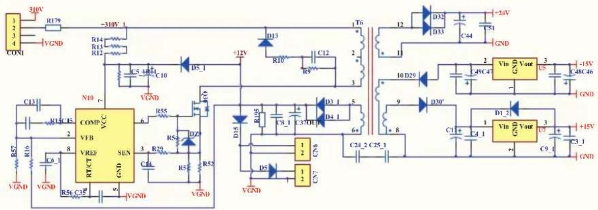 310V R179 -310V 1 R14 R13 R12 C5 348 C10 D5_1 +12V D13 T6 R10 C12 2 3 12 D32 + - -24V C44 C51 GND C13 N10 COMP VCC VFB SEN RT/CT GND C6 1 R57 R16 VGND R56 C35 VGND VGND R55 R54 DZ9 R52 R29 C4 R51 R52 6 60 D15 R195 C8_1 C37OL1 D3_1 5 D4_1 6* 9 D30' 10 D29 C49C4" Vin GND Vout 3 U5 -15V C48C46 GND D1_2 Vin GND Vout 3 U7 +15V C3_1 GND D5 2 C25_1 C24 2 C25_1 1 2 CN6 1 2 CN7 VGND