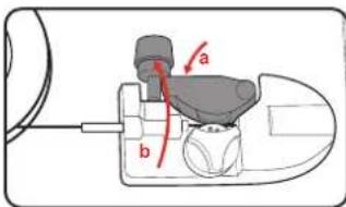 Diagram of a mechanical device with labeled parts a and b, showing internal components and directional arrows.