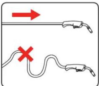 Diagram showing two cable or wire configurations with red arrows indicating direction and a red X mark highlighting a specific point.