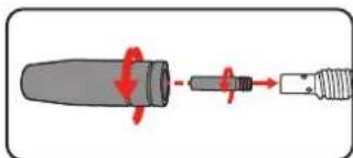 Diagram showing a mechanical component being inserted into a threaded rod, with red arrows indicating motion direction.