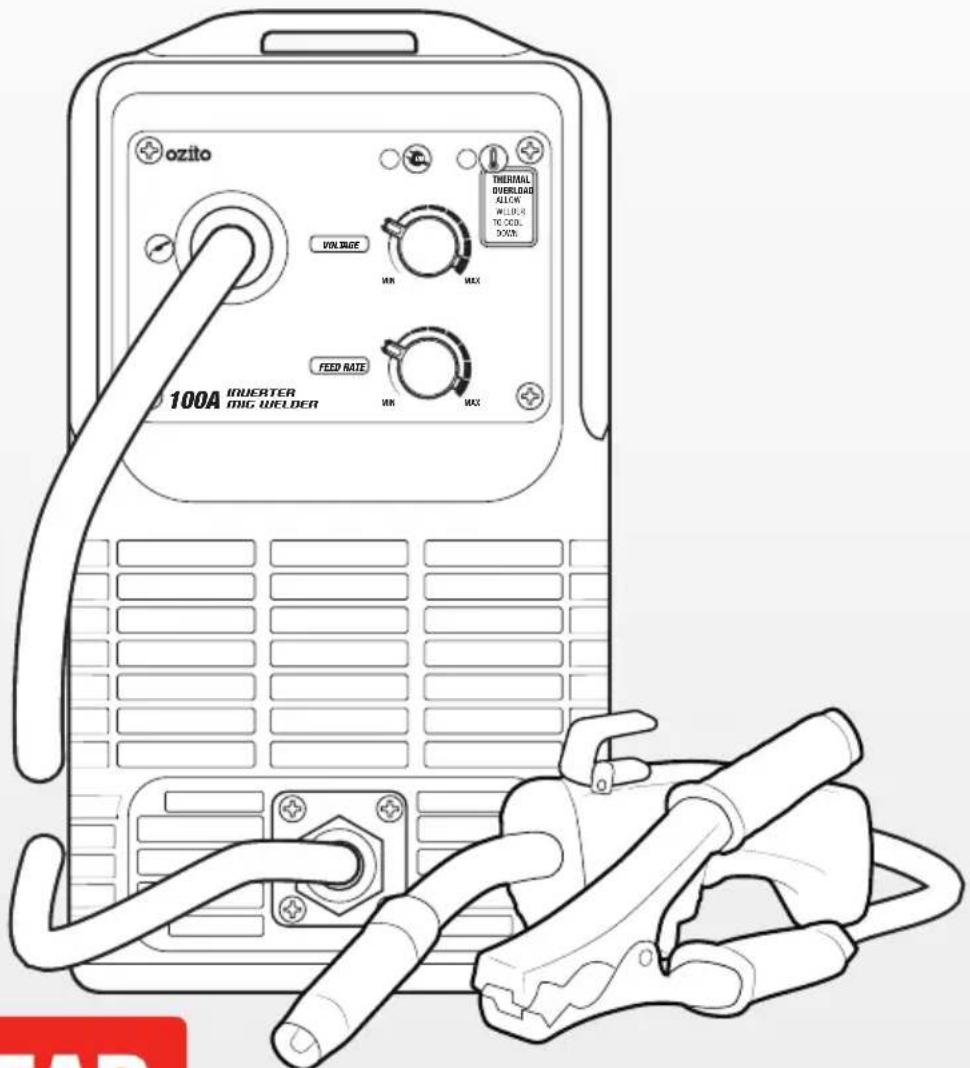 ozito VOLTAGE VIN MAX THERMAL OVERLOAD ALLOW WELL/UX TO COOL DOOTS FEED RATE VIN MAX 100A INQUATER DIG WELDER