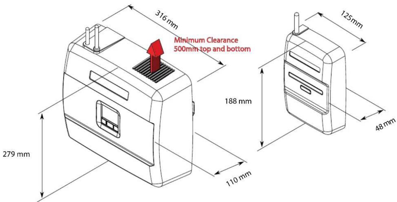 316 mm Minimum Clearance 500mm top and bottom 188 mm 279 mm 110 mm 125 mm 48 mm