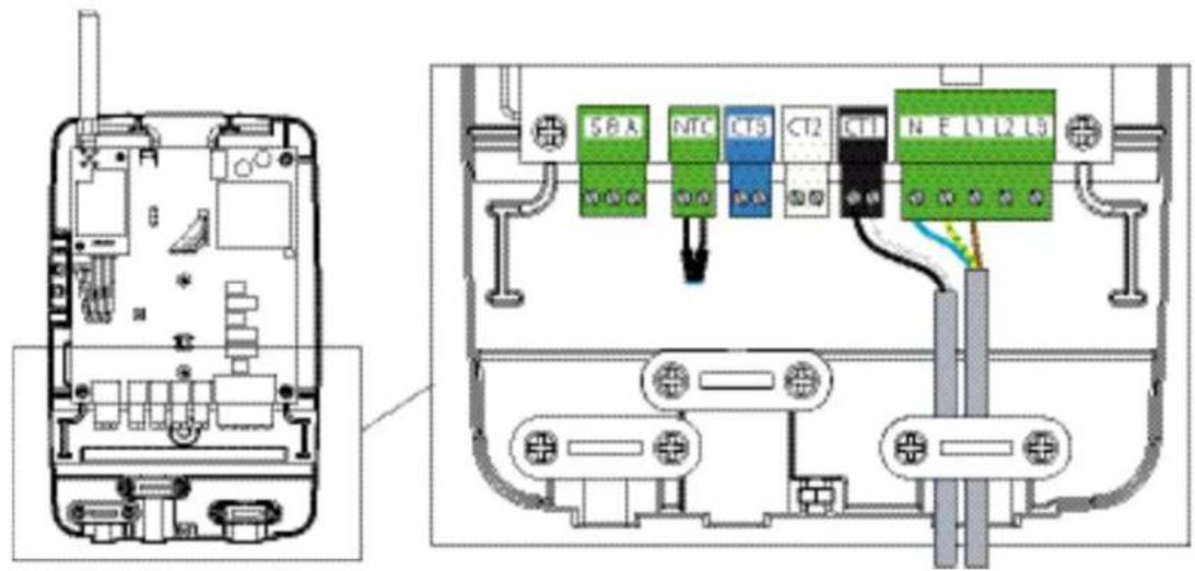 Technical diagram showing internal components of an electronic device with labeled connectors and wiring connections