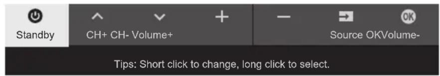 Standby CH+ CH- Volume+ Source OKVolume- Tips: Short click to change, long click to select.