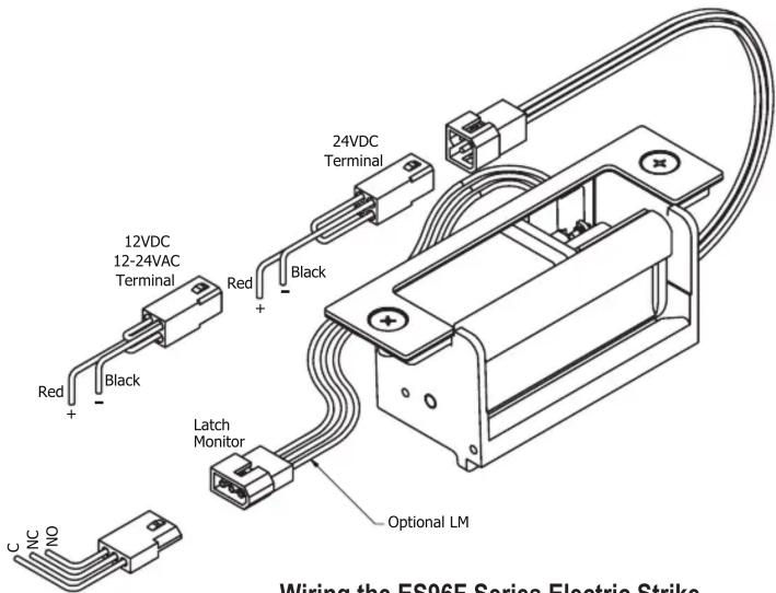 Wiring the ES96F Series Electric Strike 12VDC 12-24VAC Terminal Red + Black 24VDC Terminal Latch Monitor C NC NO Optional LM