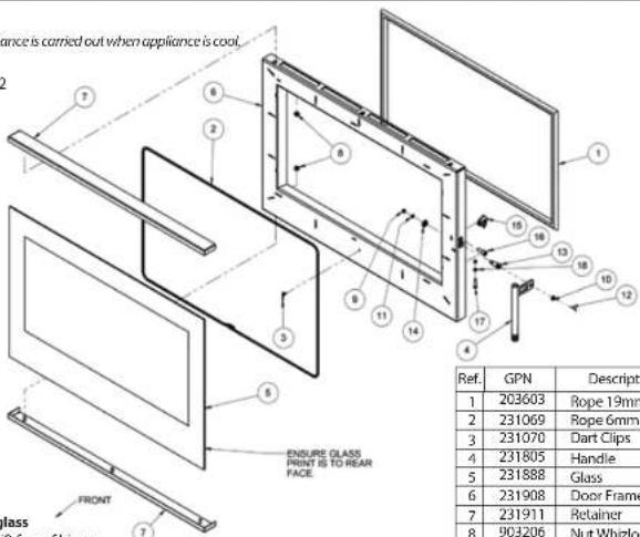 ance is carried out when appliance is cool... ENDURE GLASS PRINT IS TO REAR FACE. FRONT Glass lift free of hinge Ref. GPN Descript 1 203603 Rope 19mm 2 231069 Rope 6mm 3 231070 Dart Clips 4 231805 Handle 5 231888 Glass 6 231908 Door Frame 7 231911 Retainer 8 903206 Nut Whizlo