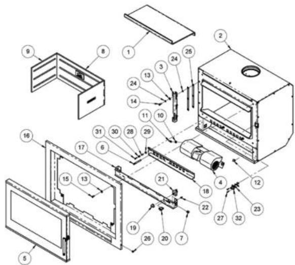 Exploded view diagram of a refrigerator with numbered parts for identification