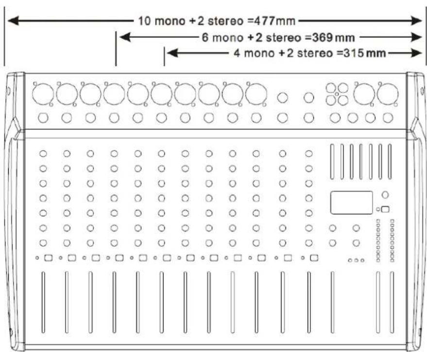 10 mono + 2 stereo =477mm 6 mono + 2 stereo =369 mm 4 mono + 2 stereo =315 mm