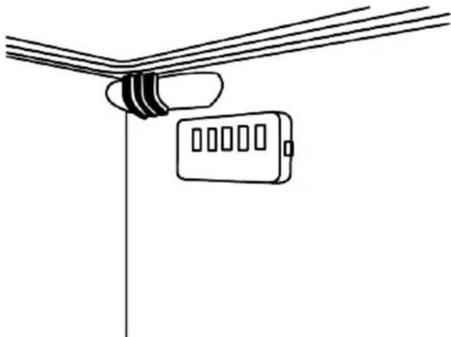 Simple line drawing of a cable or cable connector with a rectangular device attached to a vertical pole (no text or symbols)