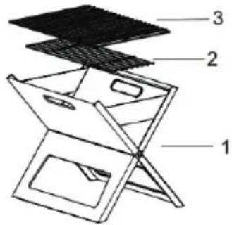 Diagram of a folding table with labeled parts, showing structural layers and compartments