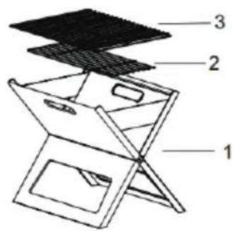 Diagram of a folding chair with labeled parts, showing structural layers from top to bottom.