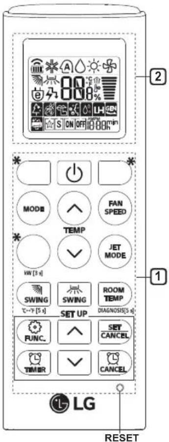 2 * MODE FAN SPEED TEMP JET MODE VW [3 s] SWING SWING ROOM TEMP C--[5 s] SET UP DIAGNOSIS[3 s] FUNC. SET CANCEL TIMB R CANCEL LG RESET