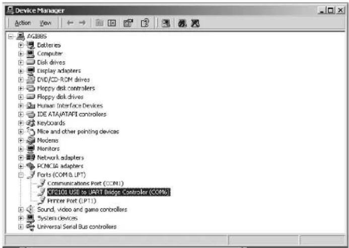 Device Manager Action View AGIBBS Deteries Computer Disk drives Display adapters DVD/CD-ROM drives Hoppy disk controllers Floppy disk drives Human Interface Devices IDE ATA/ATAPI controllers Keyboards Mice and other pointing devices Modens Nonitors Network adapters PCNC16 adapters Ports (COMB.LPT) Communications Port (CCN1) CP2101 USB to UART Bridge Controller (CCMs) Printer Port (LPT1) Sound, video and game controllers System devices Universal Serial Bus controllers