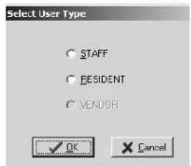 Select User Type ○ STAFF ○ RESIDENT ○ VENDOR OK Cancel