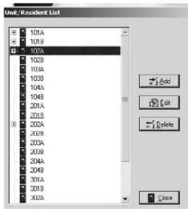 Unit / Resident List 101A 101B 102A 1029 103A 103B 104A 104B 201A 201B 202A 202B 203A 203B 204A 204B 301A 301B 302A Add Edit Delete Close