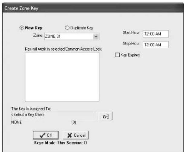 Create Zone Key New Key Duplicate Key Zone: ZONE 01 Start Hour: 12:00 AM Stop Hour: 12:00 AM Key will work in selected Common Access Lock Key Expires The Key Is Assigned To: NONE (0) OK Cancel Keys Made This Session: 0