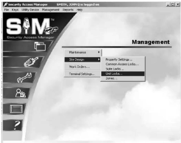 Security Access Manager SMITH, JOHNQ is logged on File Keys Utility Device Management Reports Help SMITH Security Access Manager Management Maintenance Site Design Property Settings... Work Orders... Common Access Locks... Suite Locks... Terminal Settings... Unit Lodls... Jones...