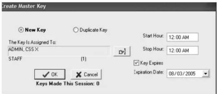 Create Master Key New Key Duplicate Key The Key Is Assigned To: ADMIN, CSS X STAFF (1) Start Hour: 12:00 AM Stop Hour: 12:00 AM Key Expires Expiration Date: 08/03/2005 OK Cancel Keys Made This Session: 0