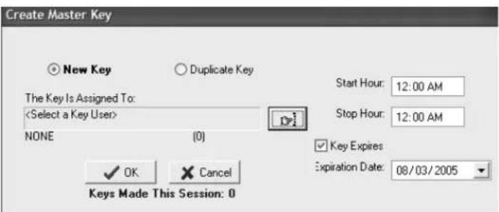 Create Master Key New Key Duplicate Key The Key Is Assigned To: NONE (0) OK Cancel Start Hour: 12:00 AM Stop Hour: 12:00 AM Key Expires Expiration Date: 08/03/2005 Keys Made This Session: 0