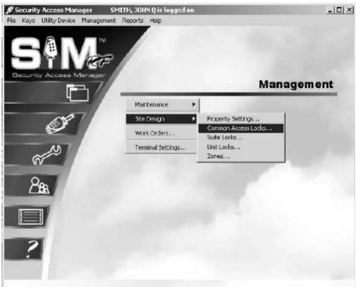 Security Access Manager SMITH, JOHN Q is logged on File Keys Utility Device Management Reports Help SIMG™ Security Access Manager Management Maintenance Site Design Property Settings... Work Orders... Common Access Locks... Terminal Settings... Suite Locks... Unit Locks... Zones...