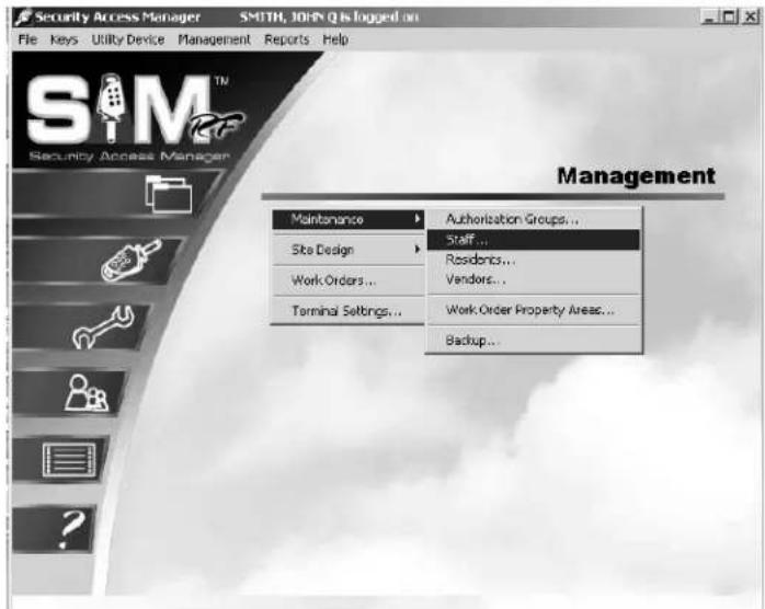 Security Access Manager SMITH, JOHN Q is logged on File keys Utility Device Management Reports Help SIM™ Security Access Manager Management Maintenance Site Design Work Orders... Terminal Settings... Authorization Groups... Staff... Residents... Vendors... Work Order Property Areas... Backup...