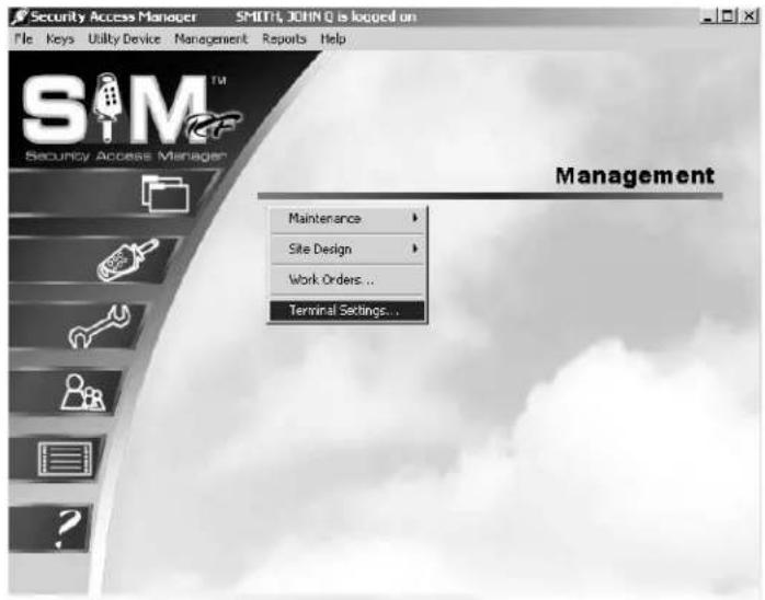 Security Access Manager SMT11 JOHN Q is logged on File Keys Utility Device Management Reports Help SiM™ Security Access Manager Management Maintenance Site Design Work Orders ... Terminal Settings...